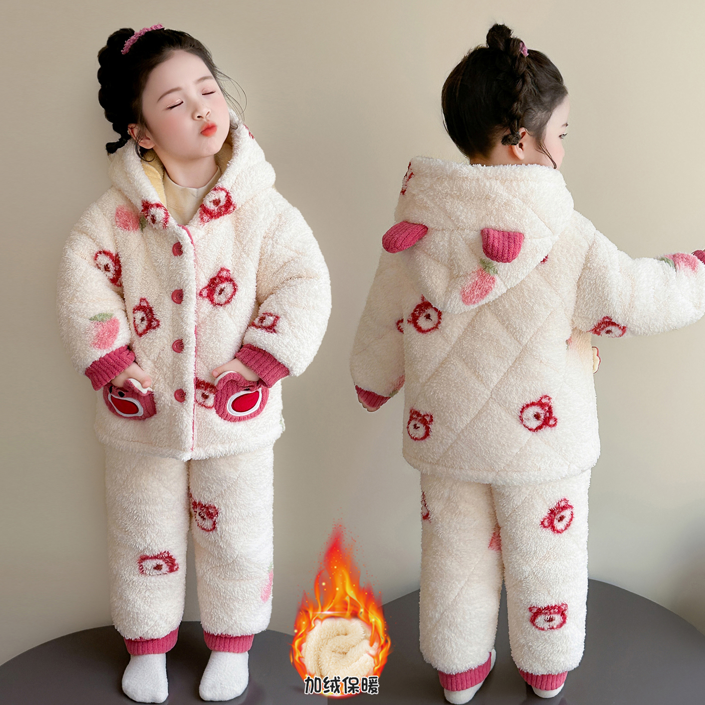 女童加绒加厚睡衣套装秋冬季2025新款女宝卡通套装儿童保暖家居服