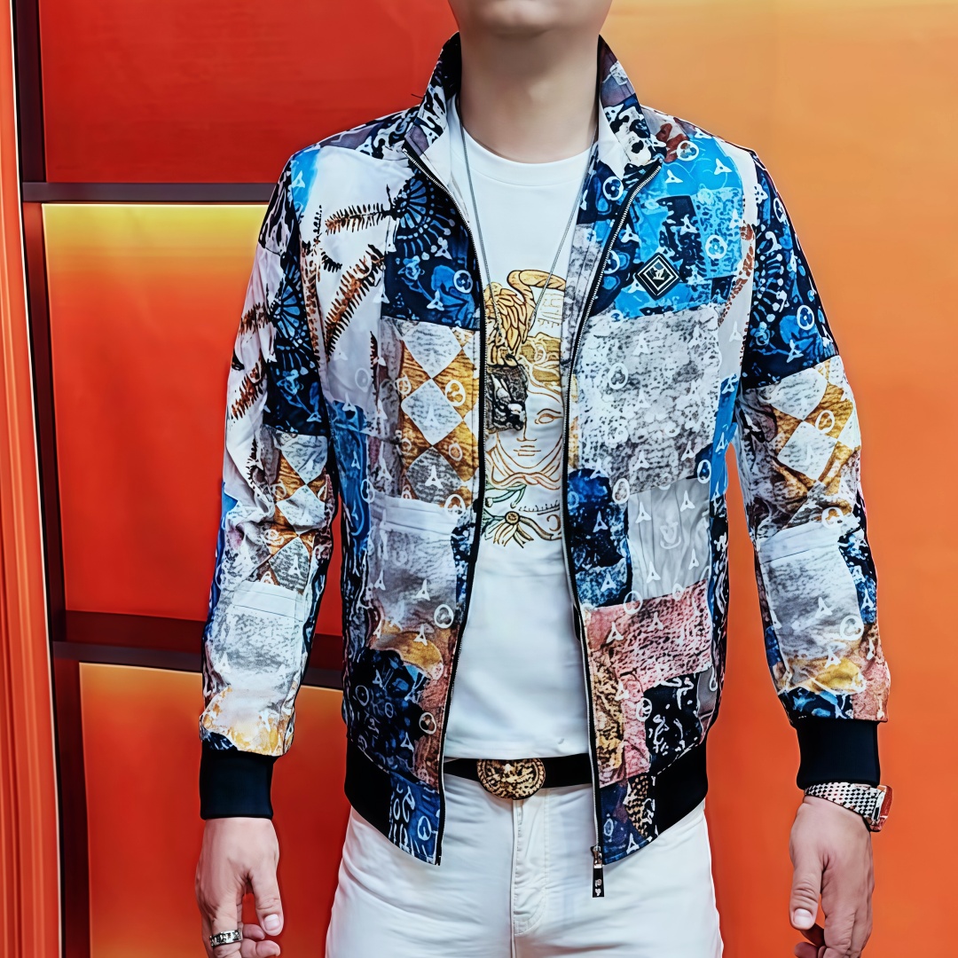 阿伟家秋季男士时尚百搭立领外套韩版修身个性潮流休闲印花夹克潮
