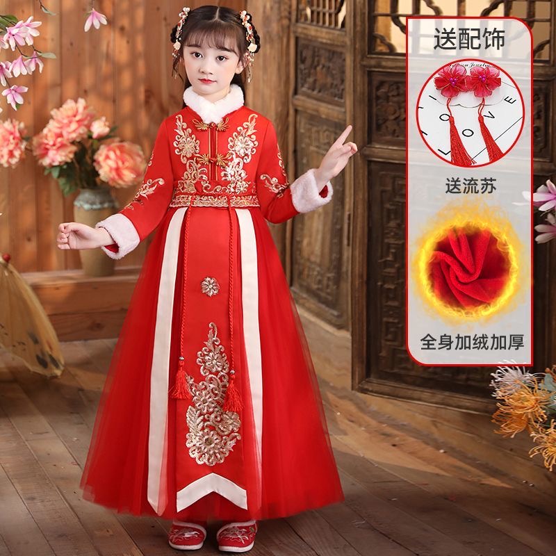 童装儿童衣服秋冬款女孩拜年服装绒儿童拜年服新年裙女童冬装套装
