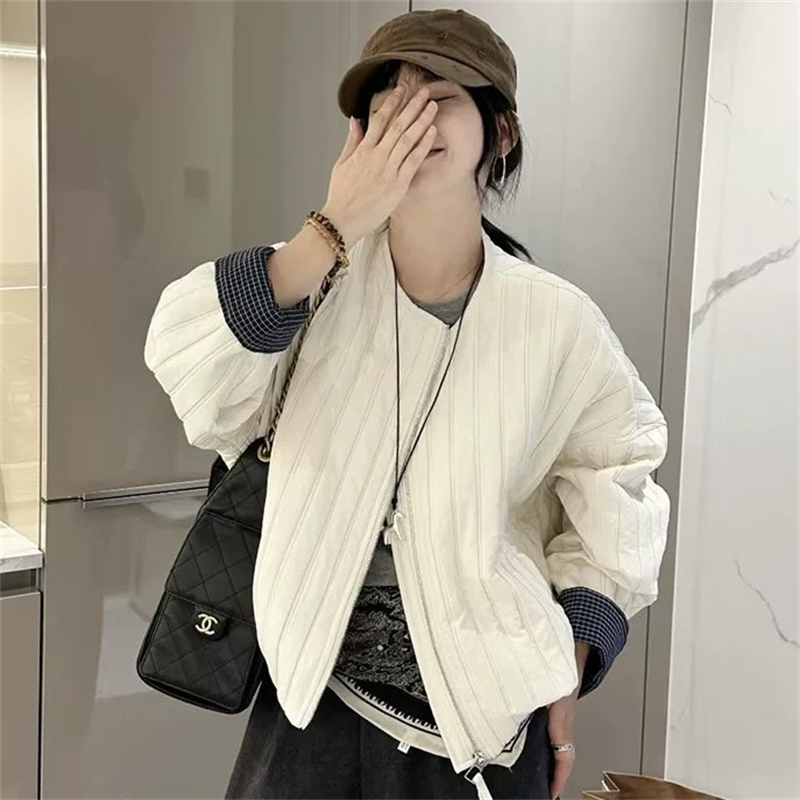 秋冬圆领压棉短款外套女早秋内里格子拼接设计百搭宽松上衣网红