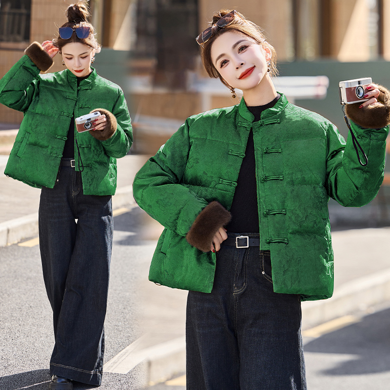 新中式国风羽绒服2025盘扣冬季新款立领短款提花鸭绒洋气高级外套