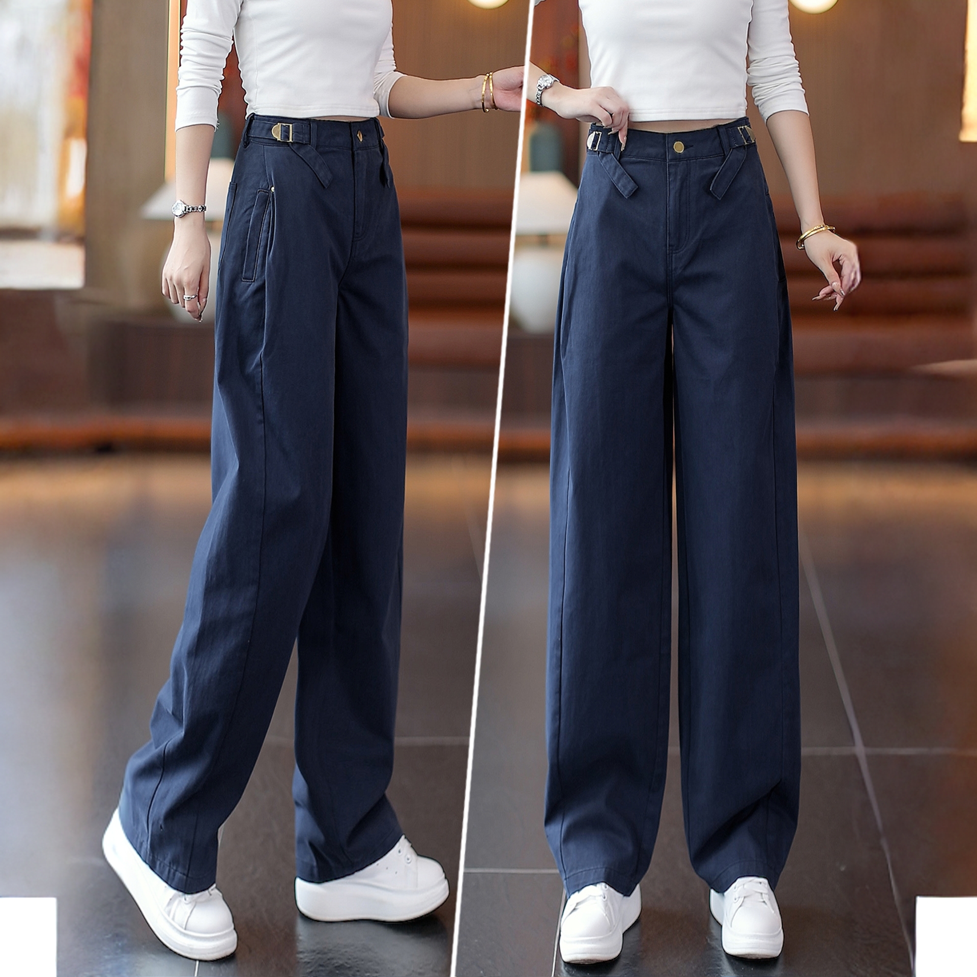 藏青色减龄复古休闲工装裤女2025春秋新款显瘦高腰阔腿弯刀休闲裤