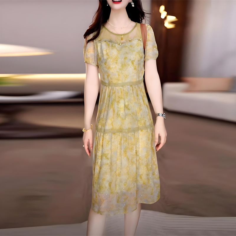 时尚气质优雅短袖碎花连衣裙女2025夏季新款减龄洋气修身显瘦裙子