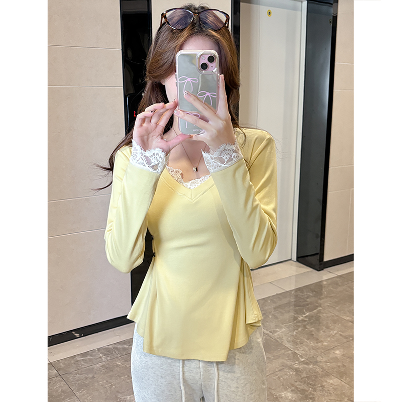 纯欲风蕾丝拼接长袖春秋新款T恤女设计感打底衫纽扣掐腰修身上衣