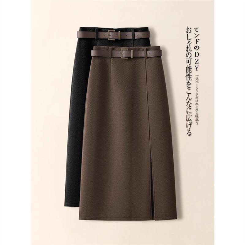拉夏贝尔咖色毛呢半身裙女秋冬季2025新款前开叉气质包臀裙a字直