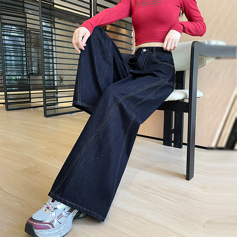 丹宁蓝阔腿牛仔裤女春秋2025新款高腰显瘦宽松休闲时尚通勤直筒裤