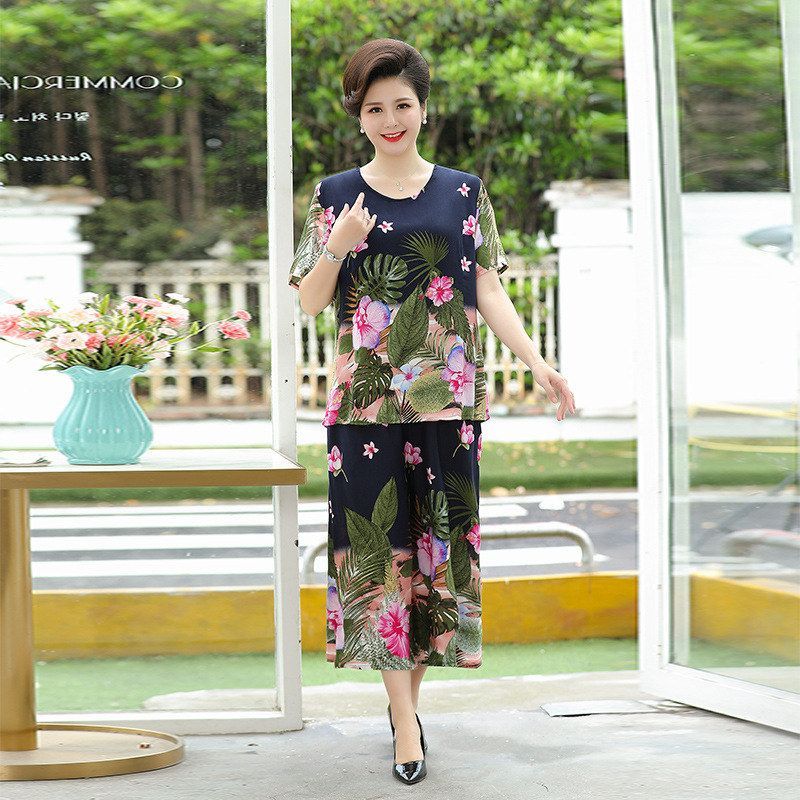 装老年人特大码奶奶棉绸上衣套装套装女装七分裤夏天妈妈装两件