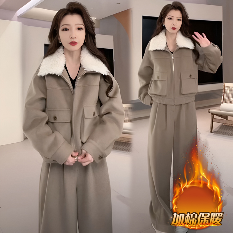 加棉高级感拼接外套阔腿裤两件套女2025秋夏早秋女装两件套阔腿裤