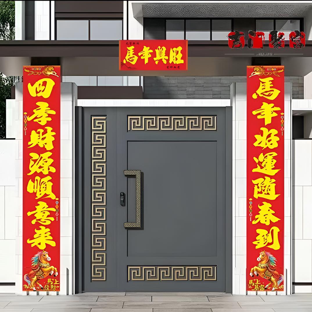 1副【马年生肖对联】植绒撒金大门春联新年入户门贴纸过年装饰门联