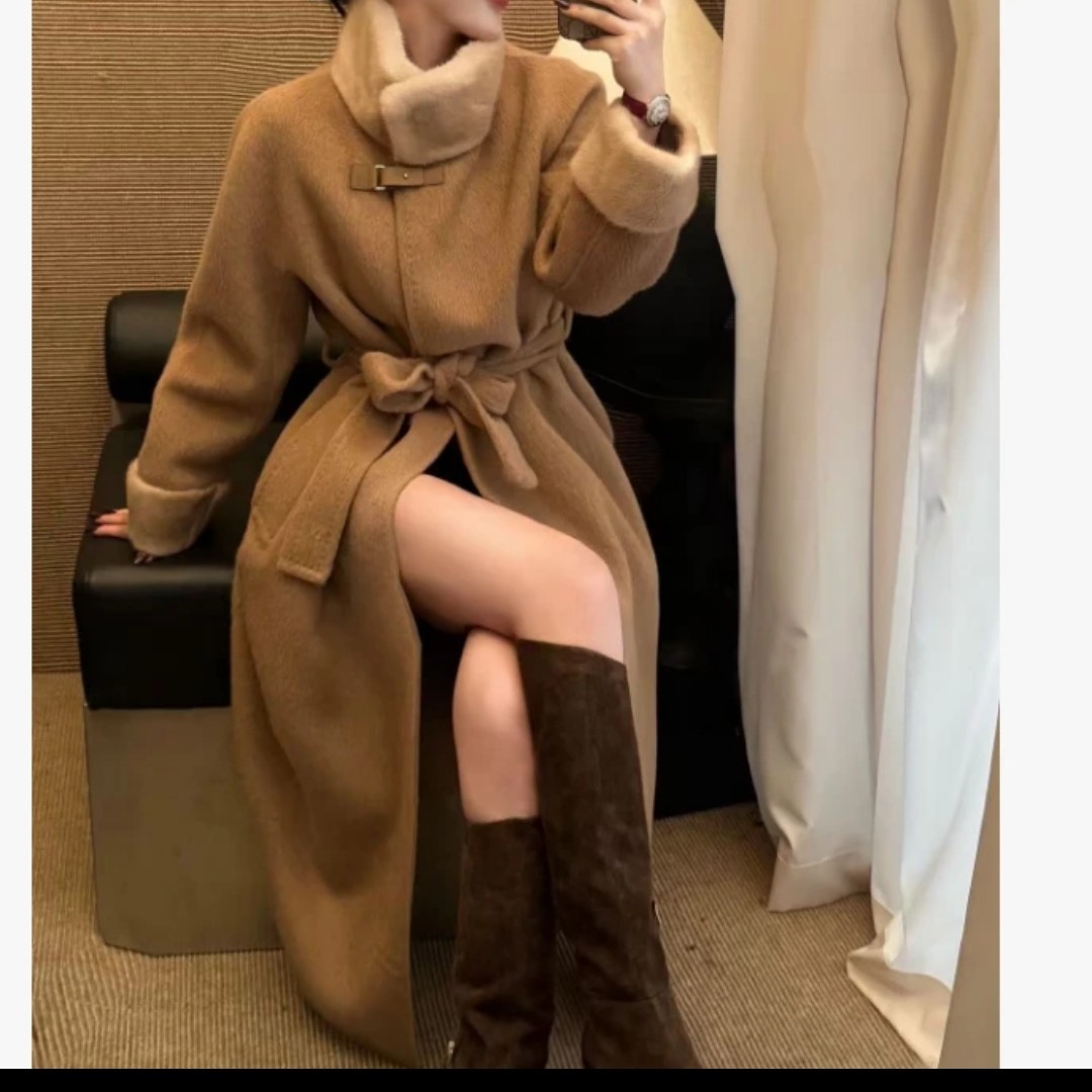 时尚长款百搭休闲显瘦外套大衣高领保暖系带（不含围脖）