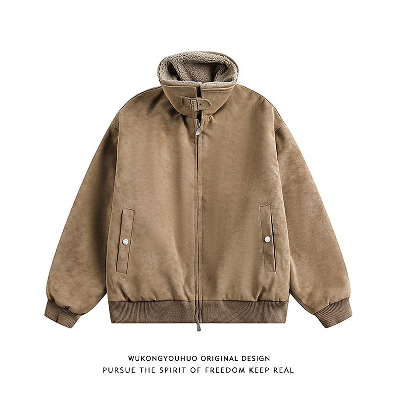 悟空有货冬季潮牌麂皮绒保暖立领棉服男复古情侣百搭休闲棉衣外套