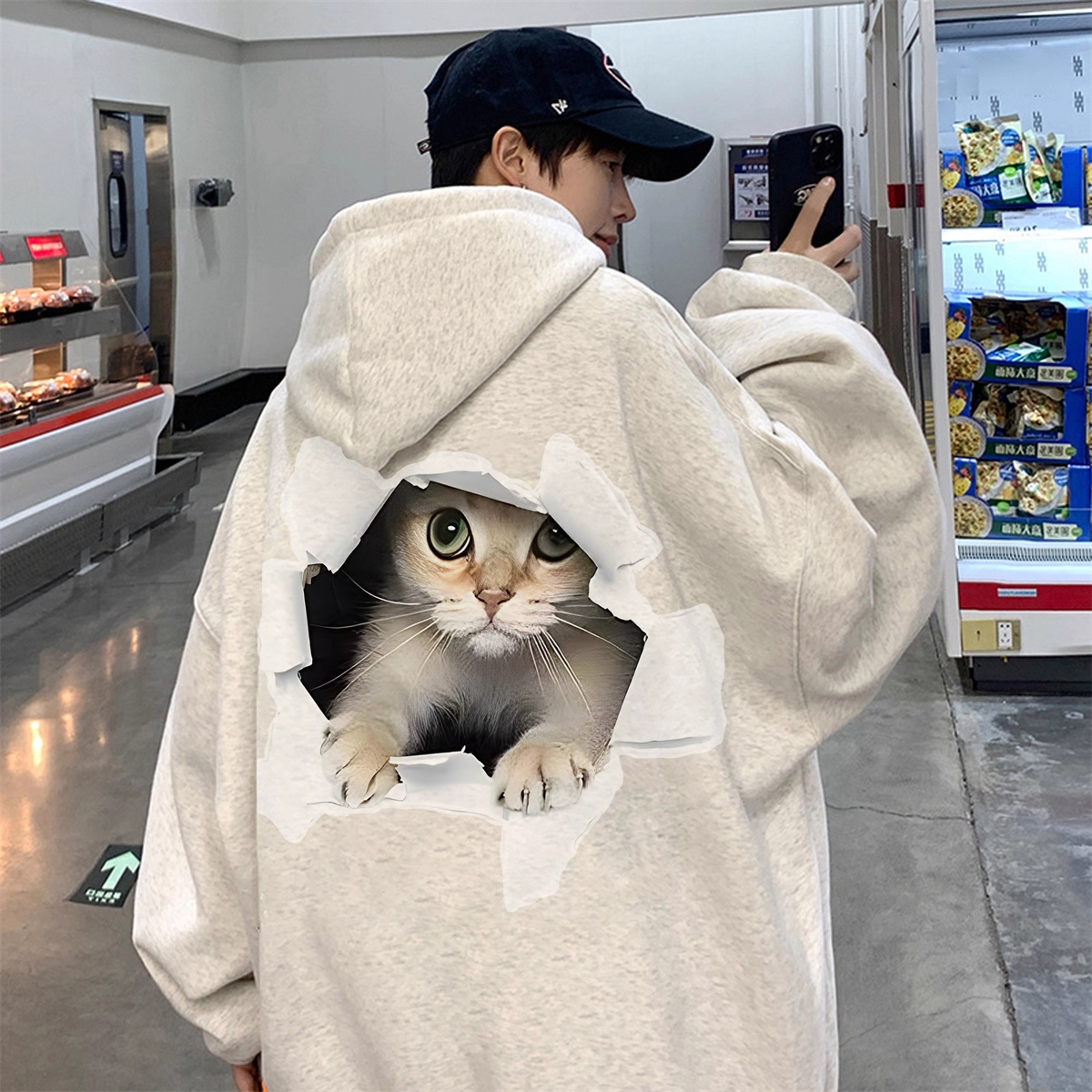 凯颂特大码300斤卡通小猫创意趣味连帽卫衣男女秋冬宽松显瘦上衣