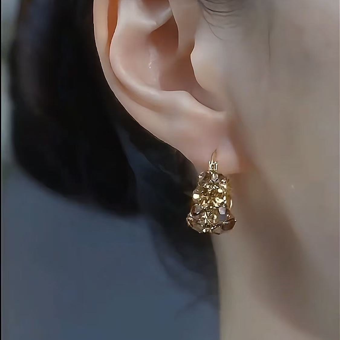 铜合金锆石耳饰 咖色法式圆圈耳扣女设计感饰品小众复古耳环个性