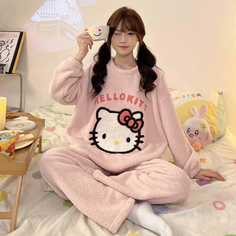 芯语婷秋冬新款字母KT猫半边绒睡衣甜美女加厚御寒保暖家居服套装
