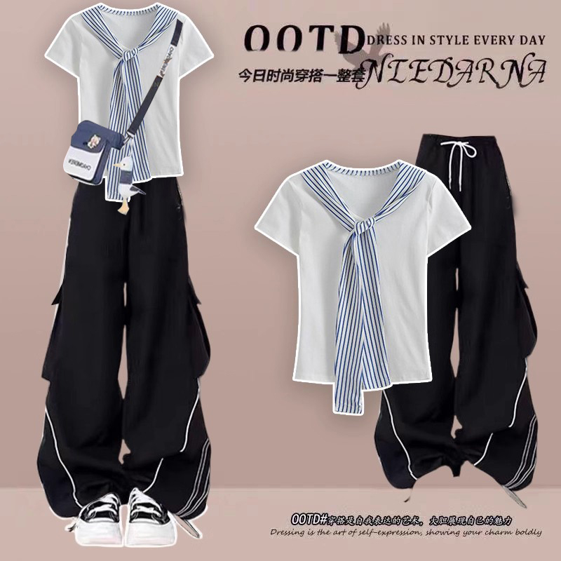 夏季中小学初中高中生10-18岁短袖T恤中大童女学生阔腿裤洋气套装