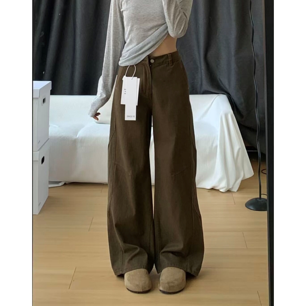 美式复古棕咖色阔腿牛仔裤女2025冬季高腰加厚宽松垂感显瘦直筒裤