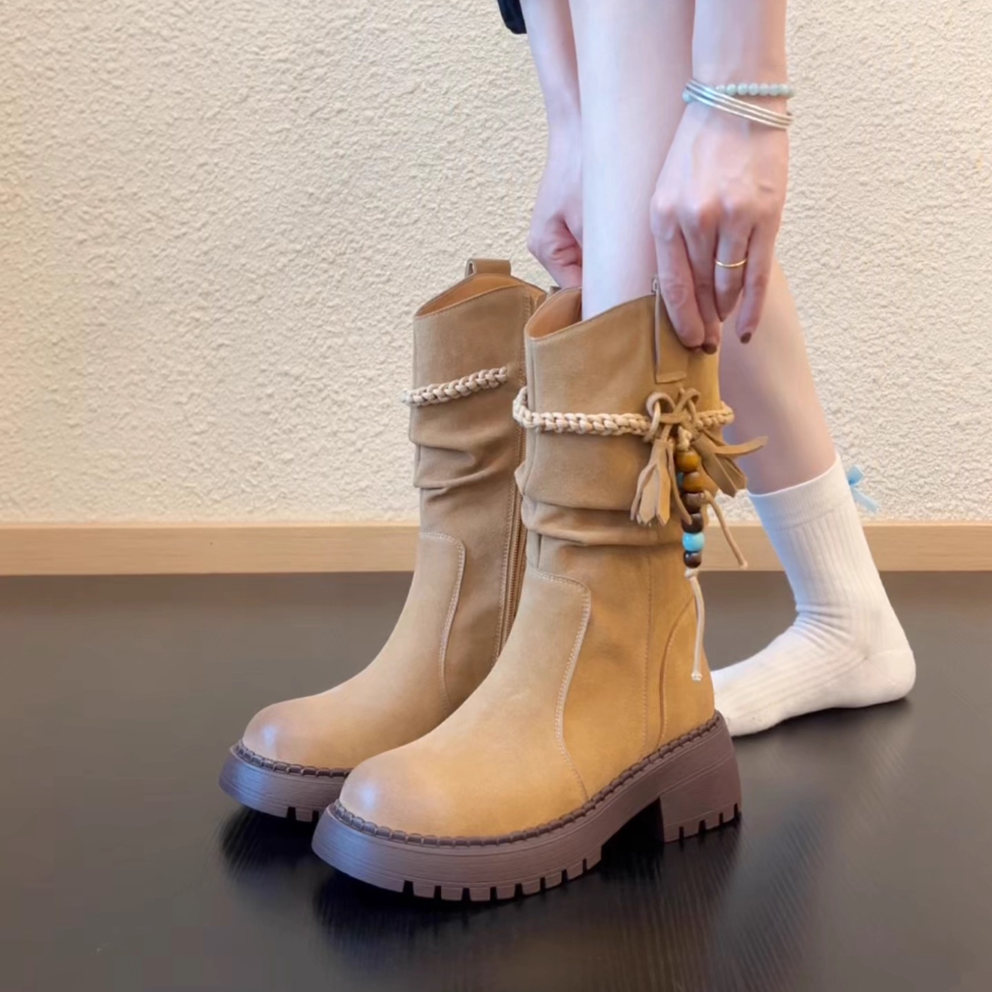 Pokoy-5cm皮带扣女复古时尚秋冬不过膝高筒靴显瘦长筒靴