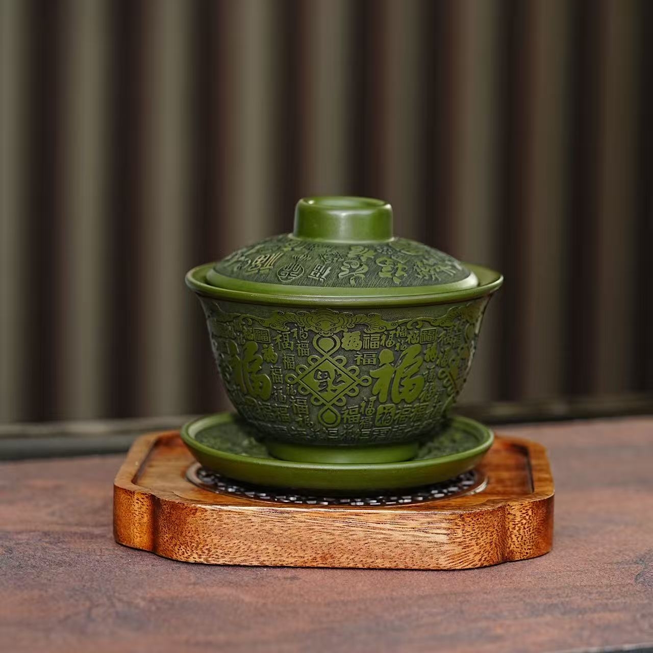 宜兴全手工紫砂茶具 原矿紫砂绿泥泥料全手工刻绘百福三才盖碗