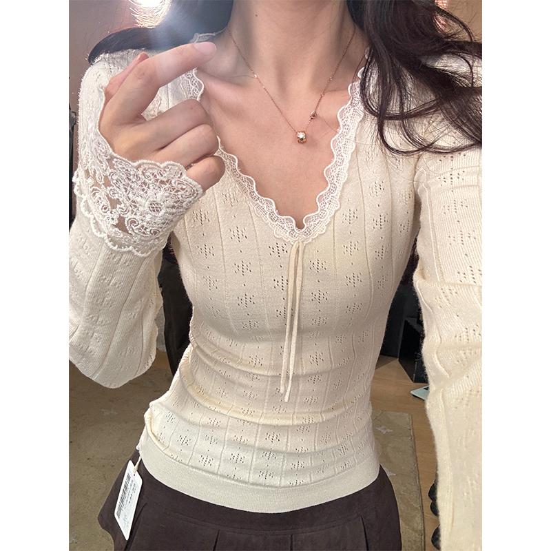 【心动倒影】秋季花边蝴蝶结v领长袖修身显瘦针织衫镂空洋气蕾丝女