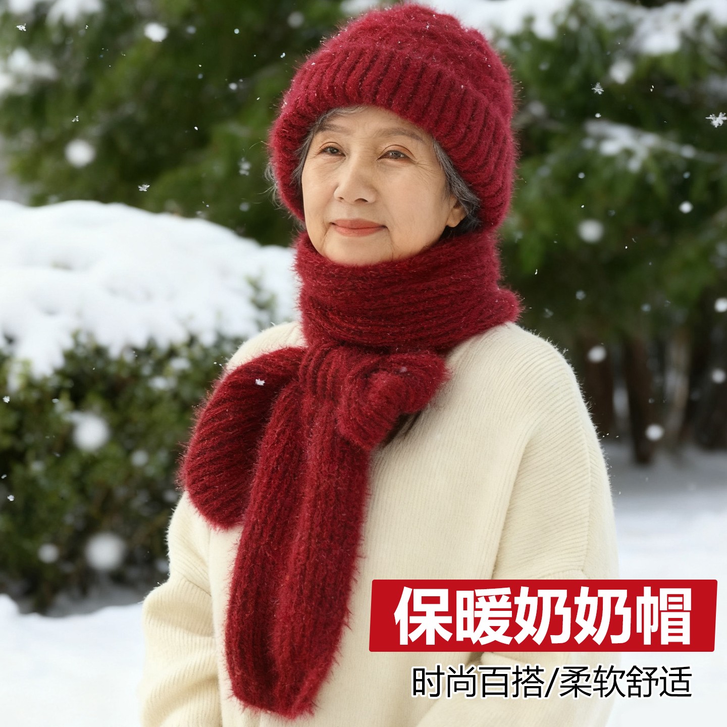 老年人帽子围巾一体冬季2025新款女士妈妈奶奶老太太毛线帽围脖