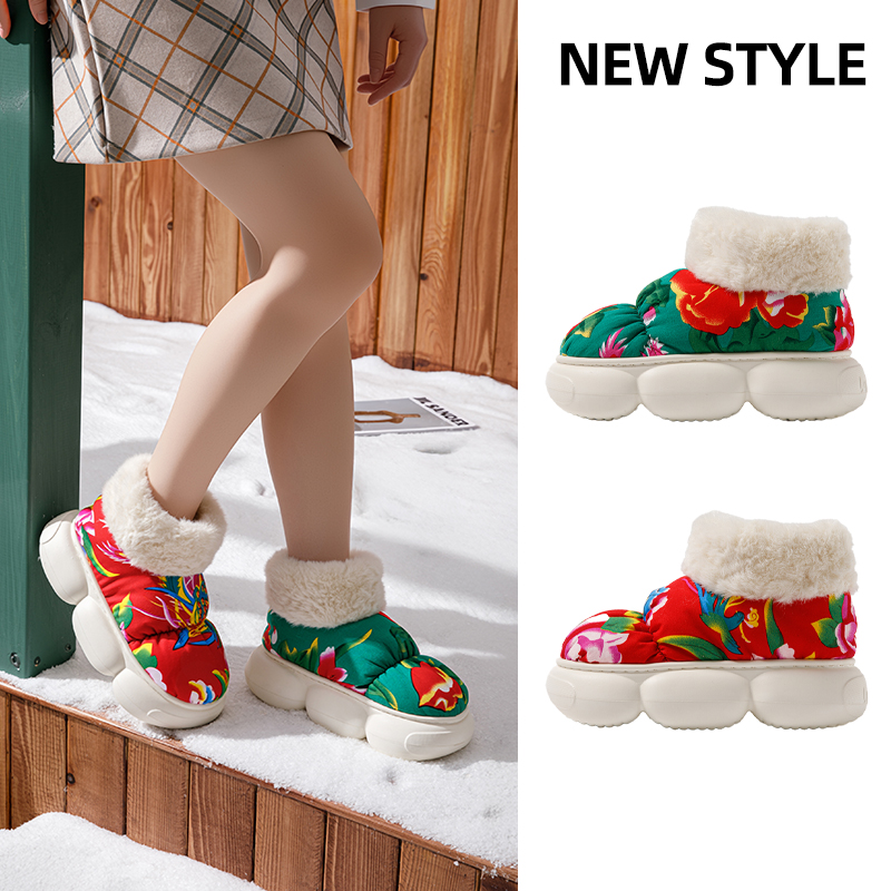 时尚高帮厚底雪地靴女冬季东北大花加绒保暖包跟防水情侣棉鞋男冬
