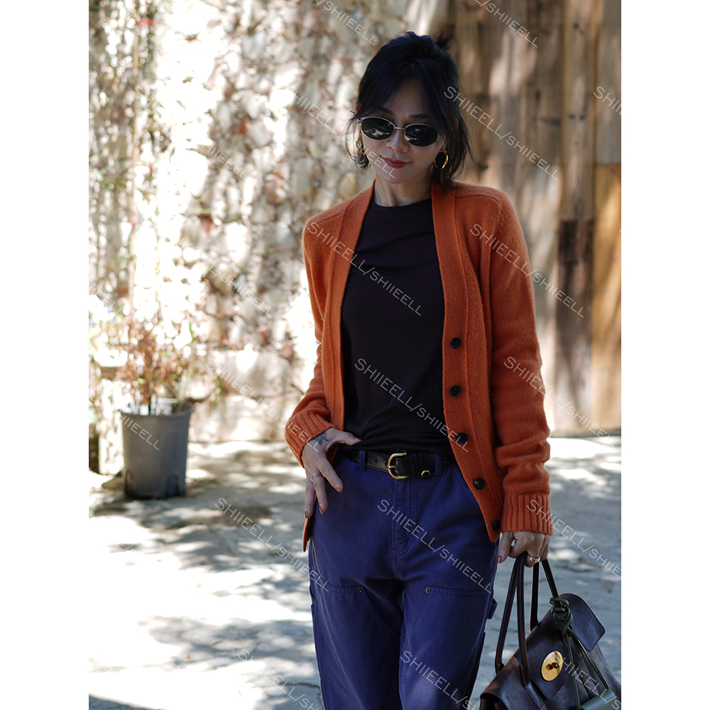 SHIIEELL【温莎橘】高智风绵羊毛定染橘合身版V领排扣开衫Z7343