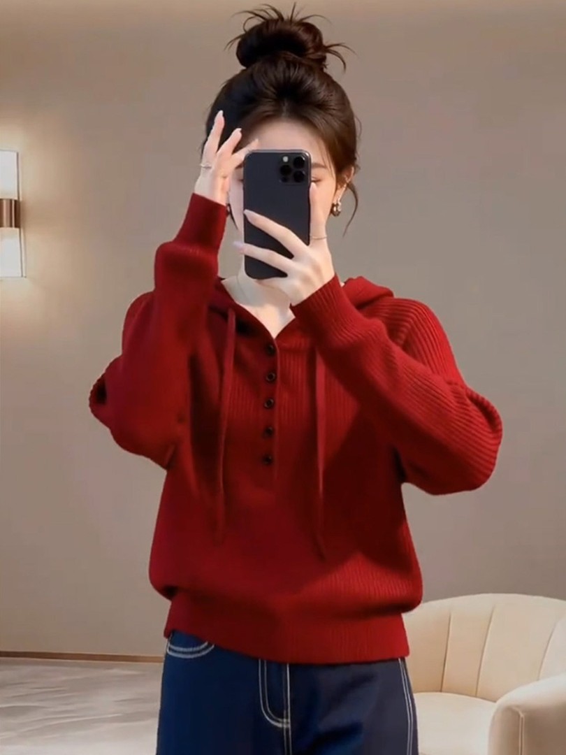 韩系休闲连帽针织套头毛衣女秋冬新款慵懒风简约宽松百搭长袖上衣