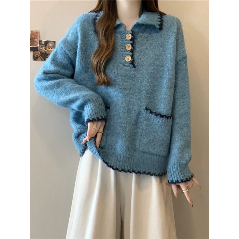 日系甜美撞色花边POLO领软糯糯毛衣秋冬慵懒风休闲针织衫