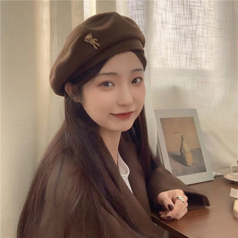 网红百搭复古可爱小熊爱心贝雷帽子女式秋冬季画家帽蓓蕾帽显脸小