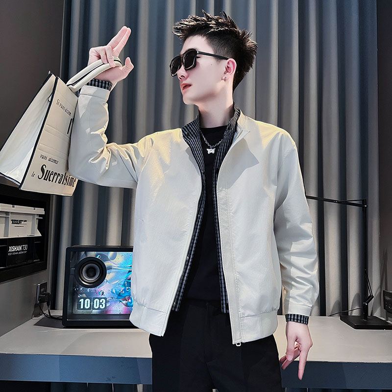 高级感男士撞色外套男装上衣秋冬季新款潮牌短款夹克修身加棉褂子