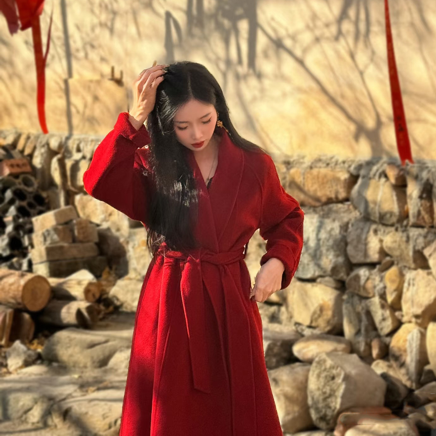 新年圣诞红色双面呢子大衣女2025冬季新款韩系高级感加厚毛呢外套