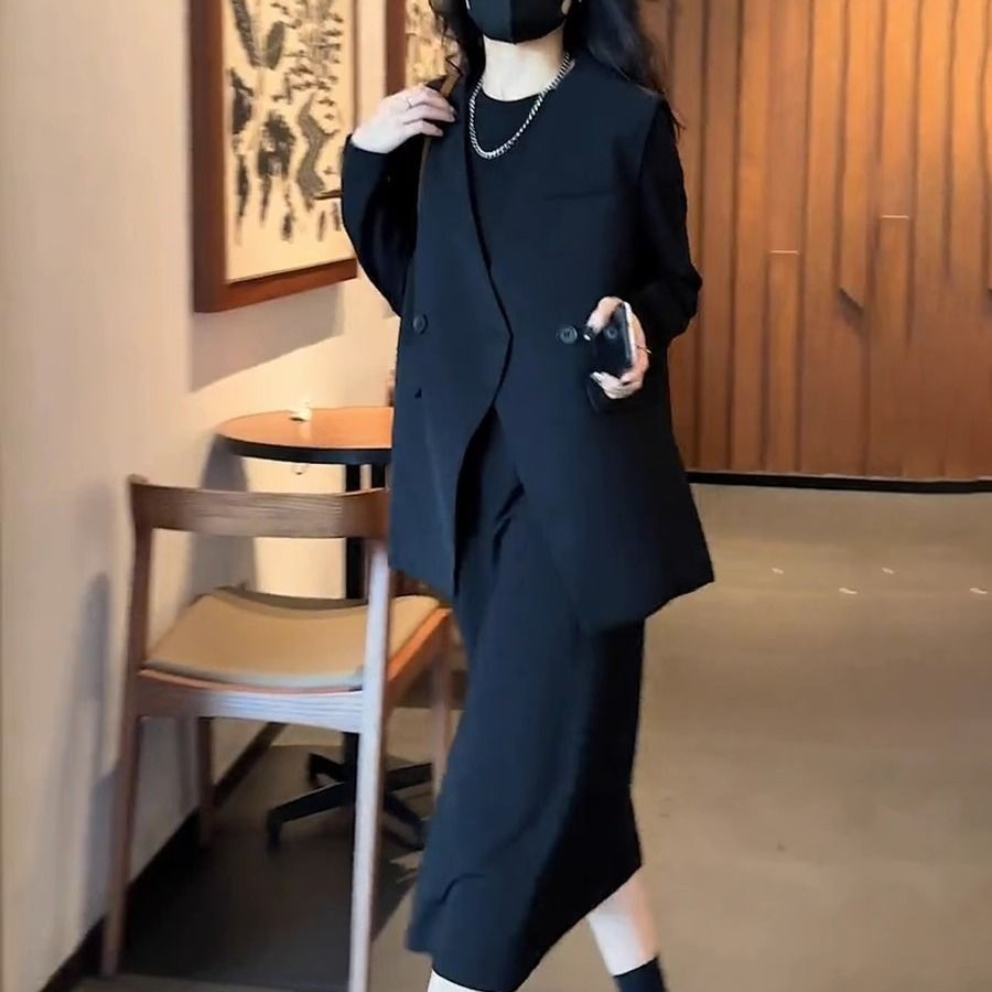 大码2025休闲时尚洋气套装宽松遮肉显瘦长款连衣裙西服马甲两件套