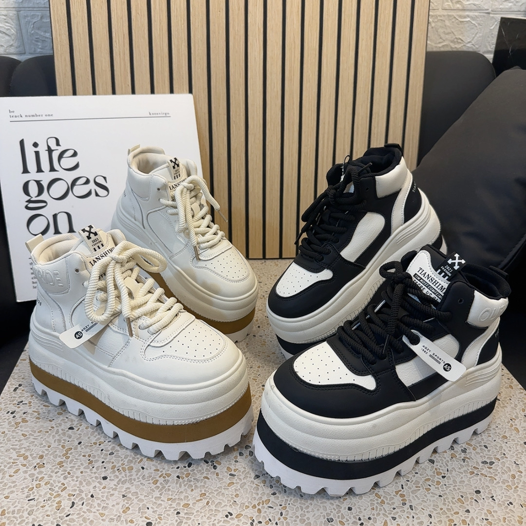 小个子超高跟厚底松糕鞋女2025年新款增高休闲小白鞋高帮板鞋单鞋