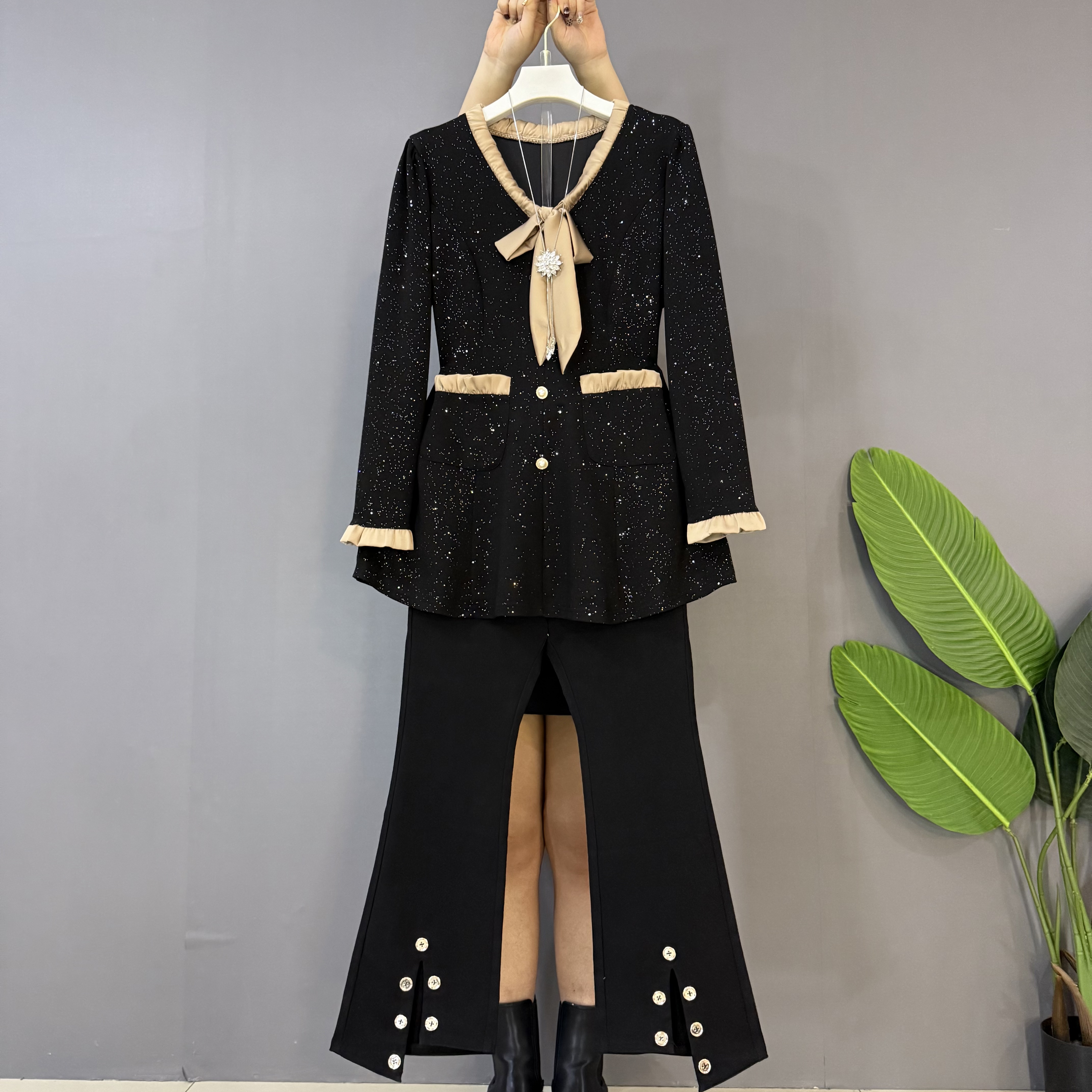 早春新款时尚时尚气质领带结上衣十开叉扣裤（可单拍）