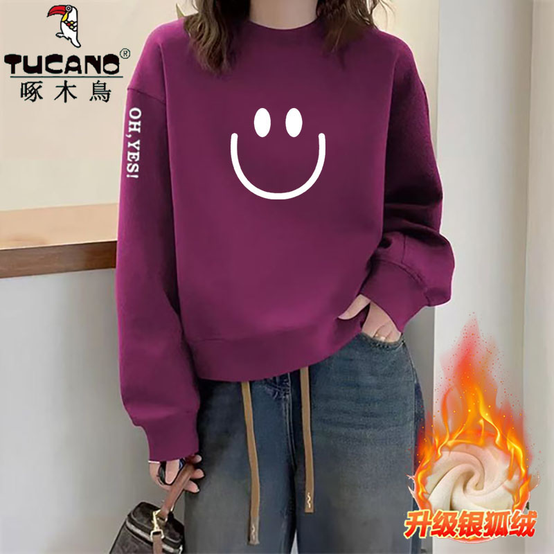 啄木鸟纯棉加绒保暖圆领卫衣女士秋冬新款欧货宽松休闲长袖打底衫