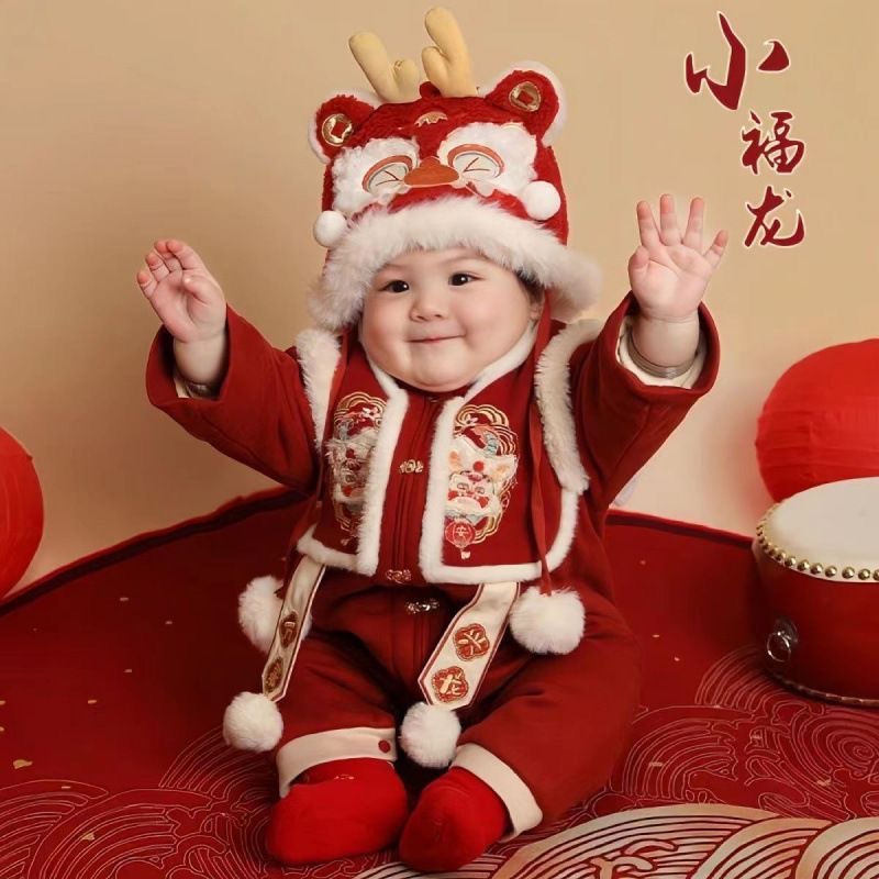 婴儿加厚冬季连体衣新年服过年抓周男女宝宝加绒加厚周岁拜年礼服