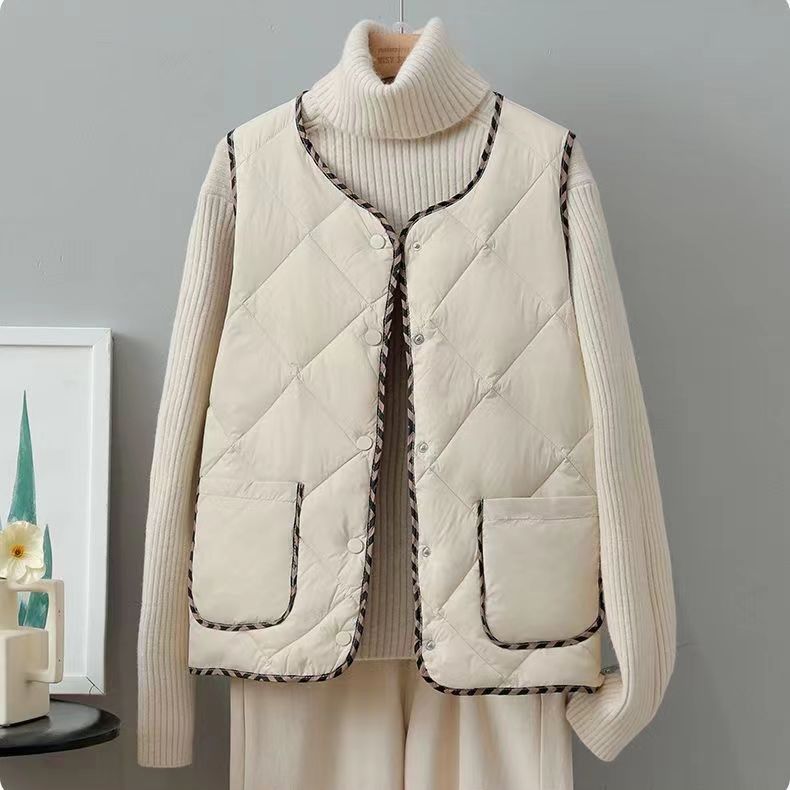 1699秋冬新款2023年气质百搭菱形格棉服马甲女短款显瘦休闲马夹女