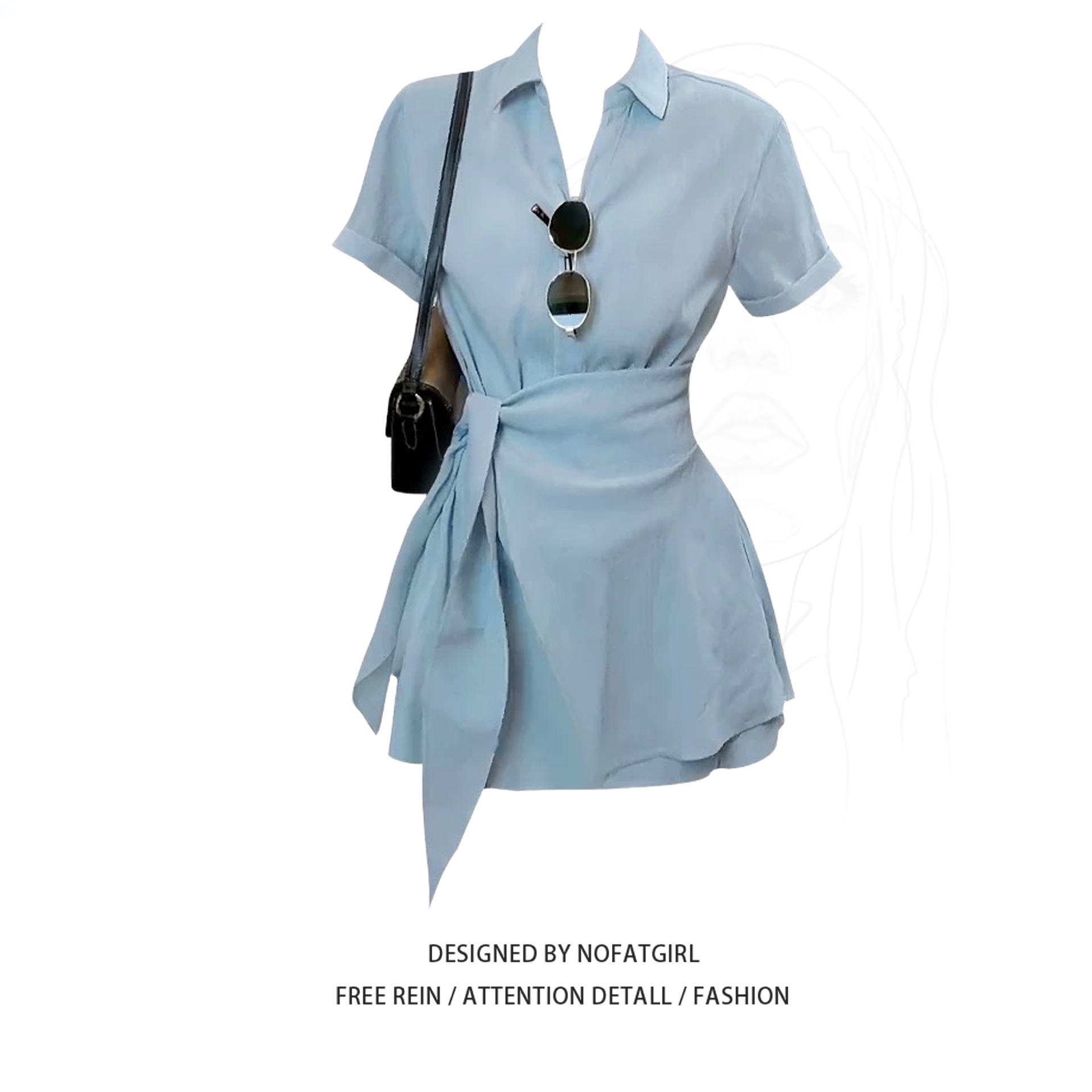 大码胖MM韩系chic气质绑带收腰衬衫连衣裙女高腰休闲短裤套装夏季