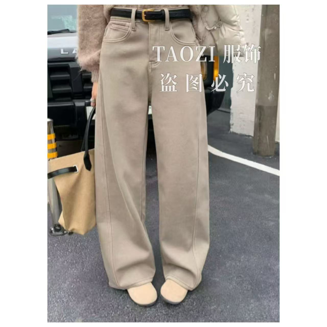 桃子自制 01133【镇店裤系列】冬季显瘦百搭加绒高弹牛仔裤阔腿裤