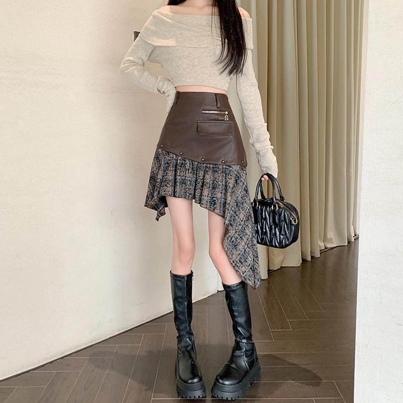 美式高腰辣妹短裙女不规则pu皮半身裙秋冬新款设计感收腰时尚裙子