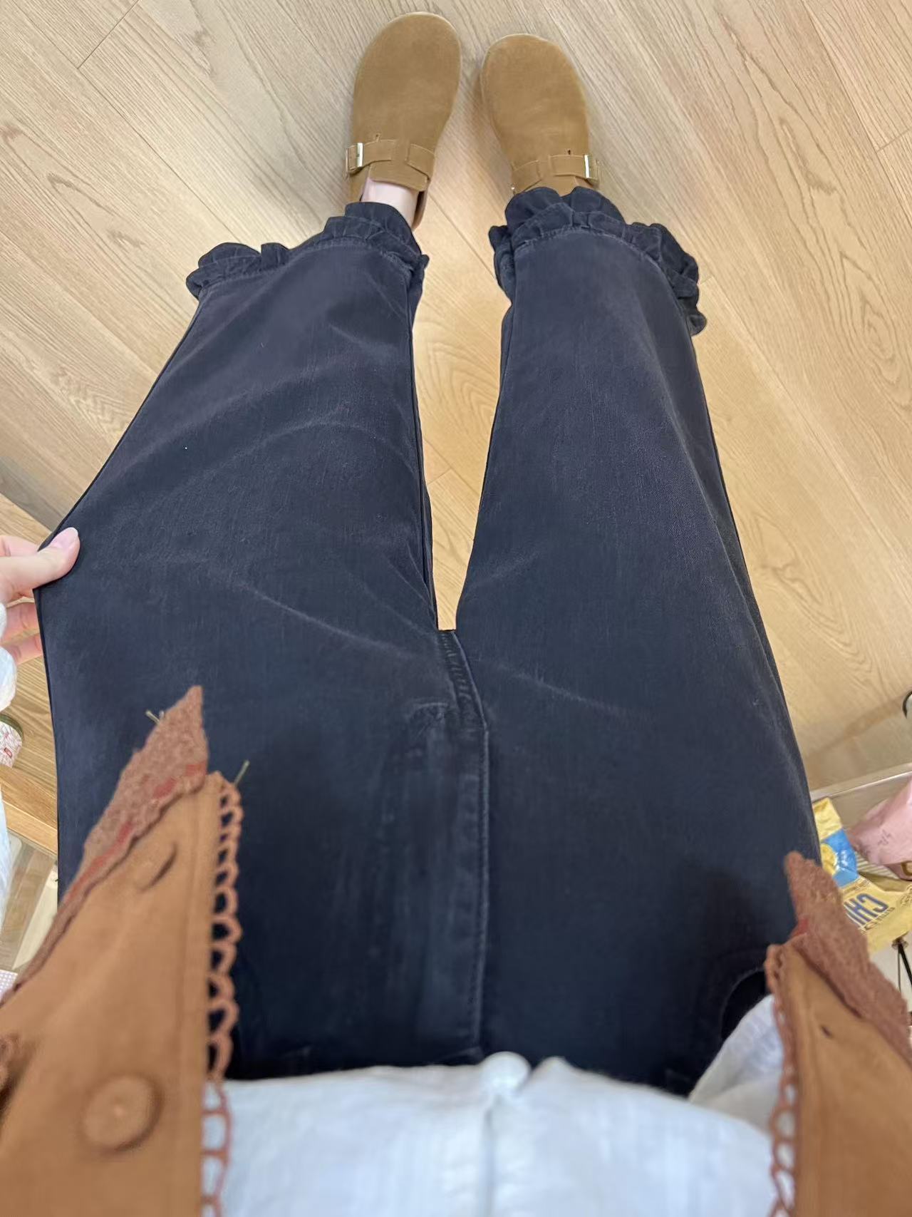 木耳花边牛仔裤女秋季新款胖mm梨形身材显瘦大码宽松九分牛仔裤子
