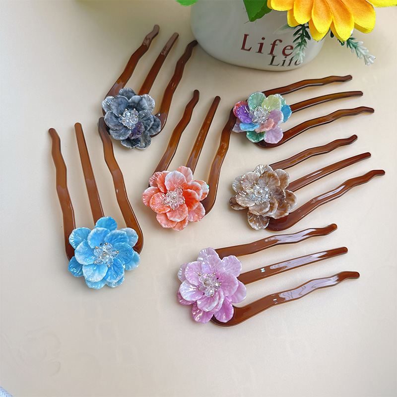 花朵簪子古典宫廷盘发发饰U型发簪成人发钗三齿发梳发饰花苞头