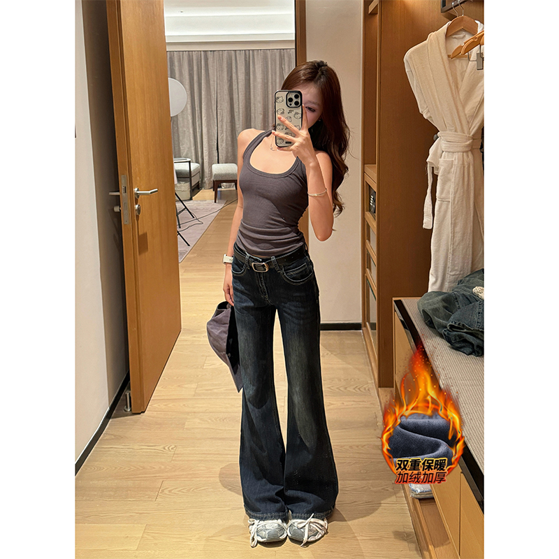 低腰不贴腿加绒微喇牛仔裤女2025冬季新款高腰修身显瘦百搭拖地裤