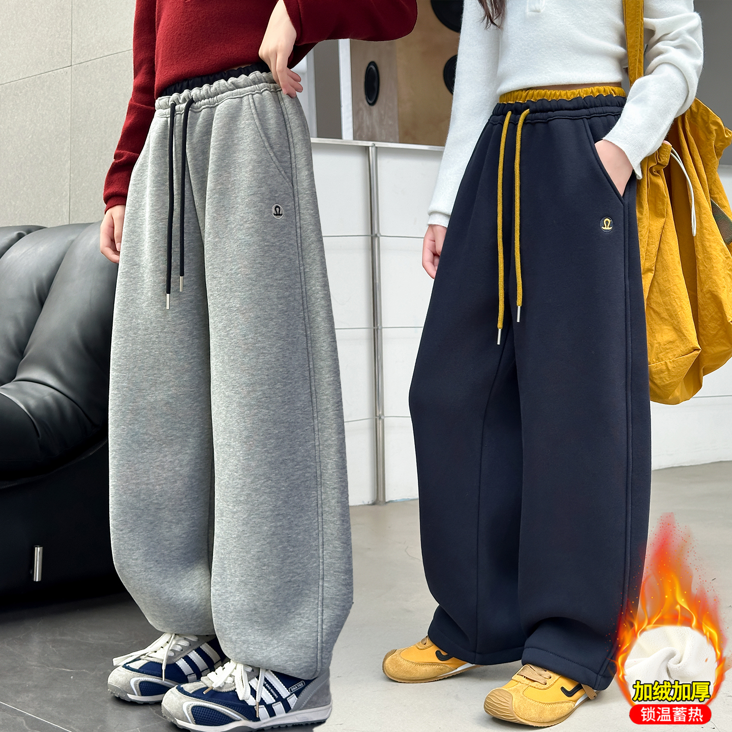 秋冬女童加绒裤子9-12岁15新款大童女孩冬装休闲束脚直筒长裤外穿