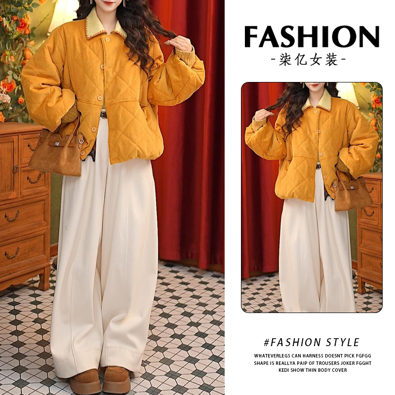 港风复古时尚灯芯绒保暖棉服女冬季新款简约气质宽松显瘦圆领外套