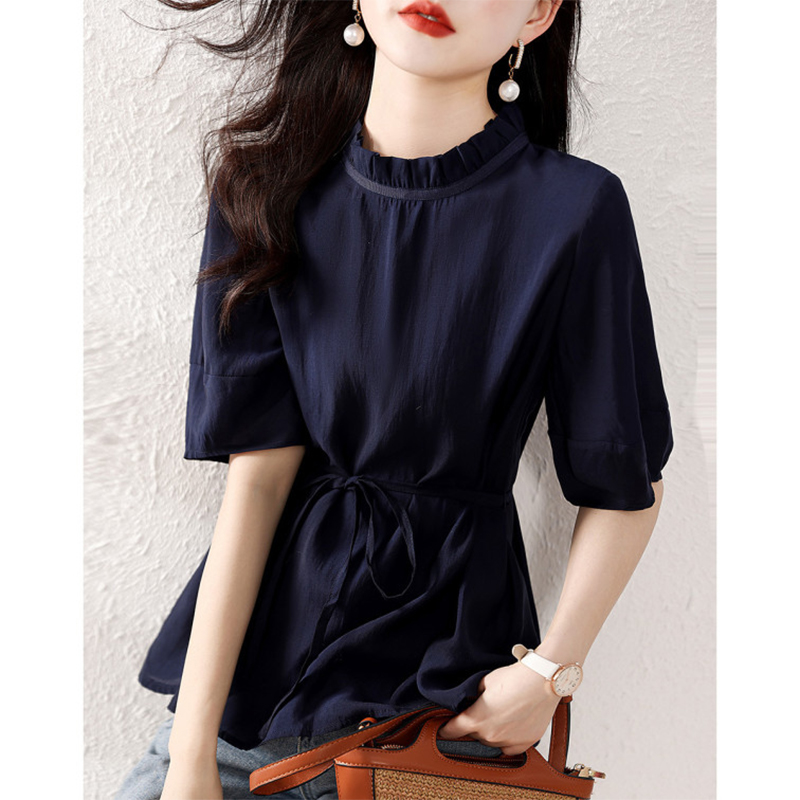 气质收腰衬衣2025夏季新款套头T恤女复古灯笼袖百搭女士衬衫
