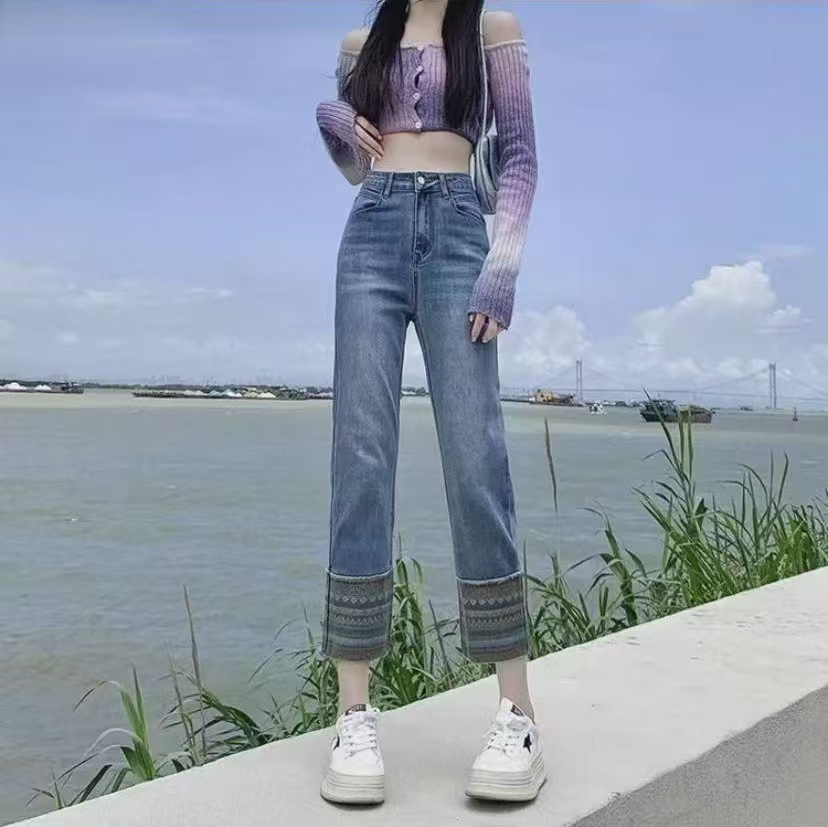 5933【裤长85】2025春夏新中式蓝色牛仔九分裤高腰显瘦刺绣烟管直筒