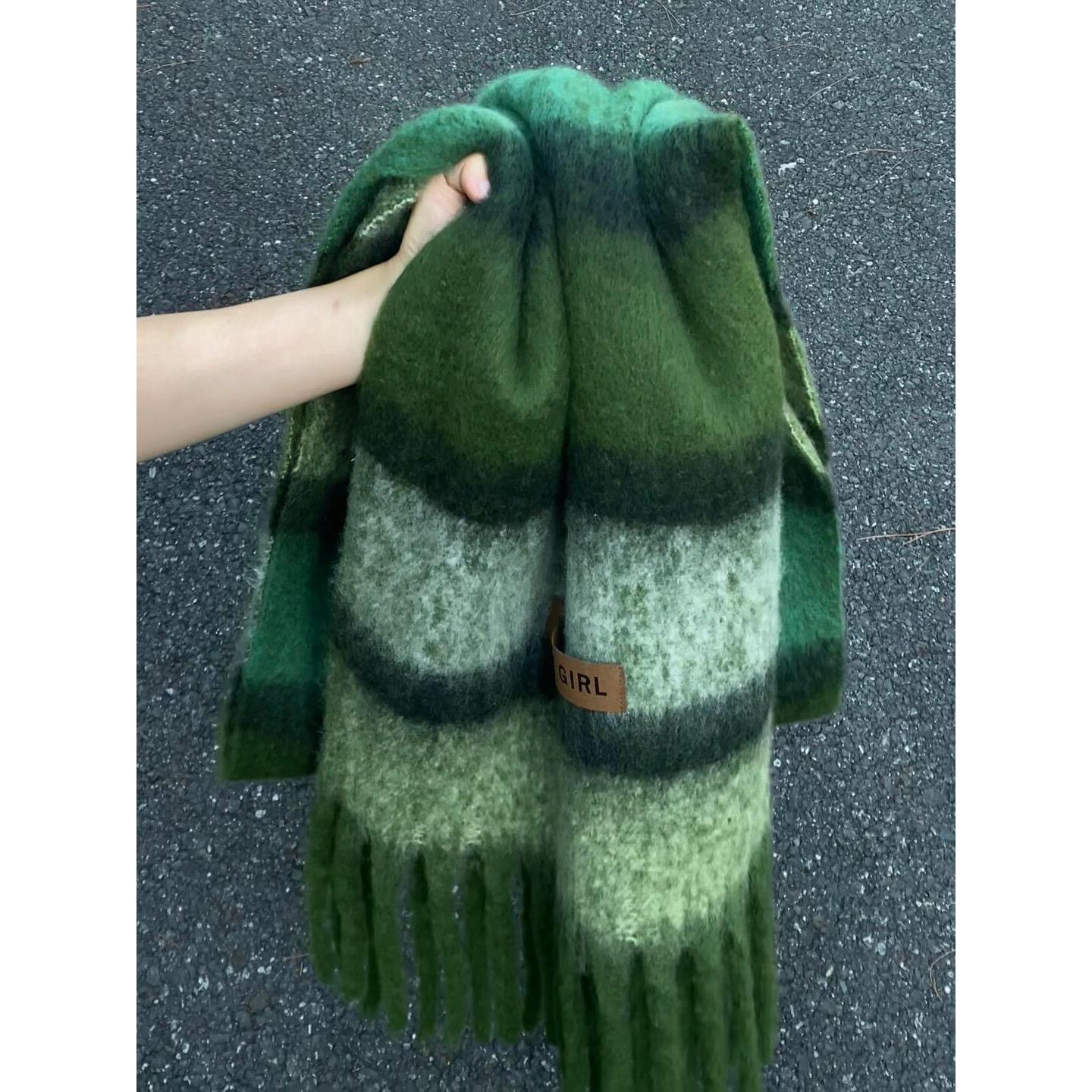 Sibiqi2025新款条纹流苏保暖绿色围巾女复古加厚