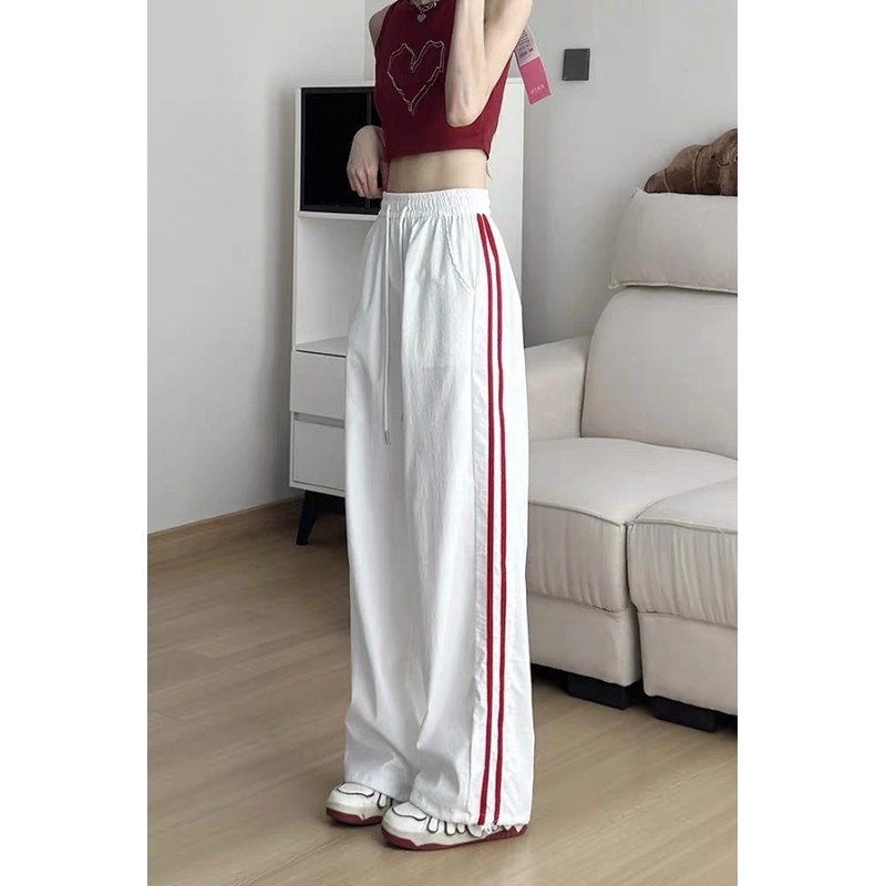 美式条纹白色工装运动裤女2025夏季薄款宽松显瘦休闲阔腿拖地裤子