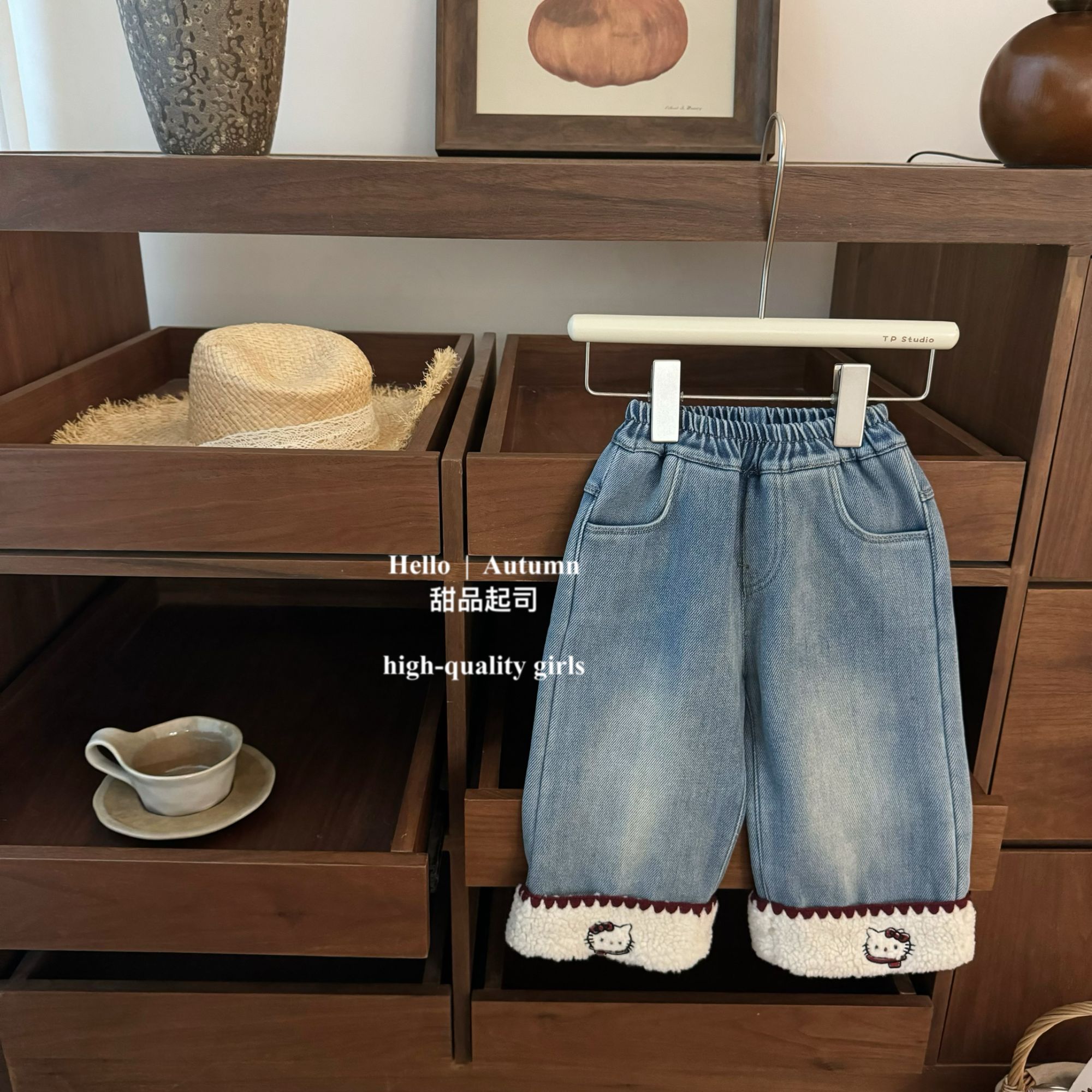 【甜品起司】原创设计！韩系女宝宝加绒kt卷边毛毛直筒洋气牛仔裤